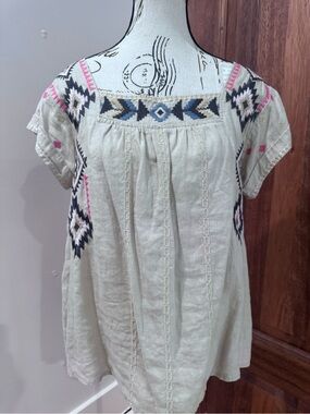 DRIFTWOOD Cream Tunic Top with Pink & Navy Embroidery
